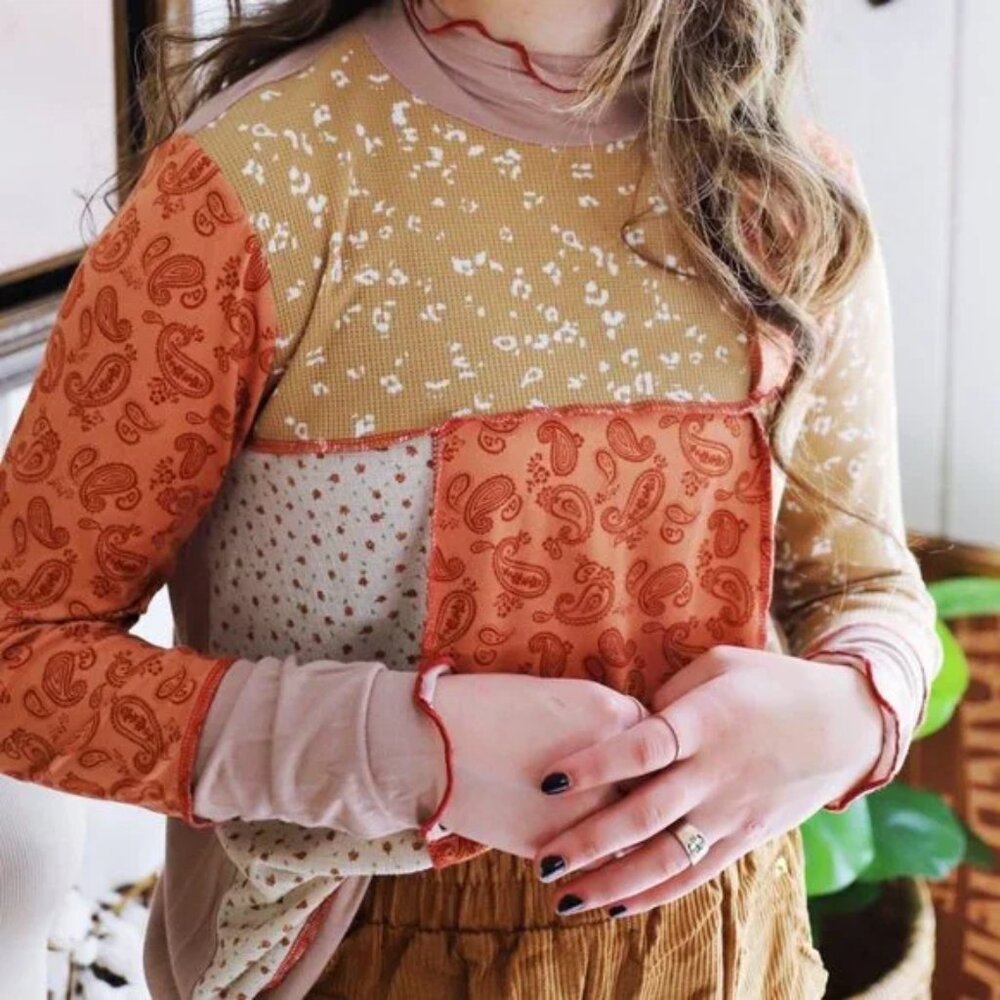 Sugarfox Mock Casual Mock Neck Floral Patchwork Top 3X
